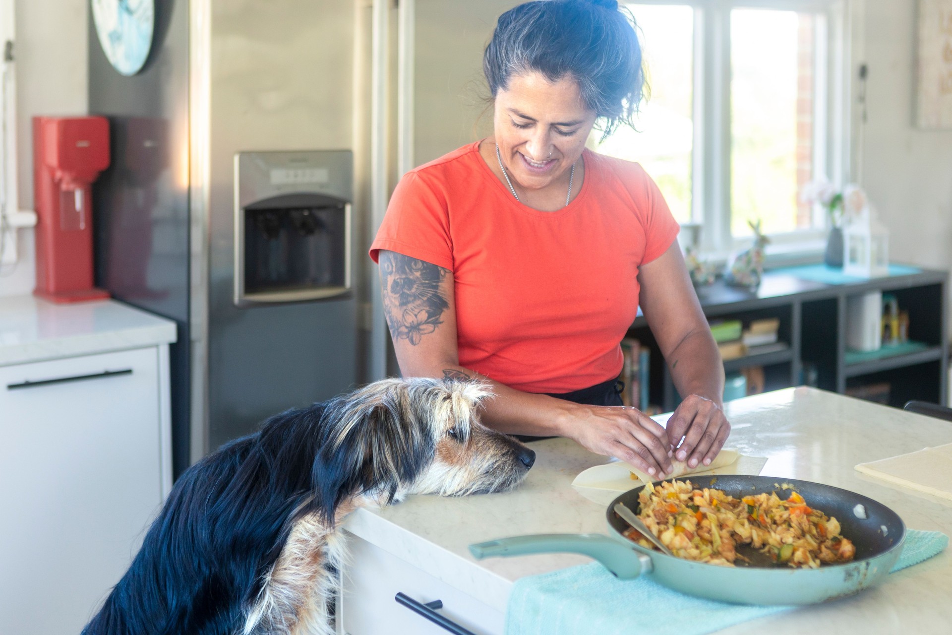 Woman preparing spring rolls with her dog watching in the kitchen Woman preparing spring rolls with her dog watching in the kitchen